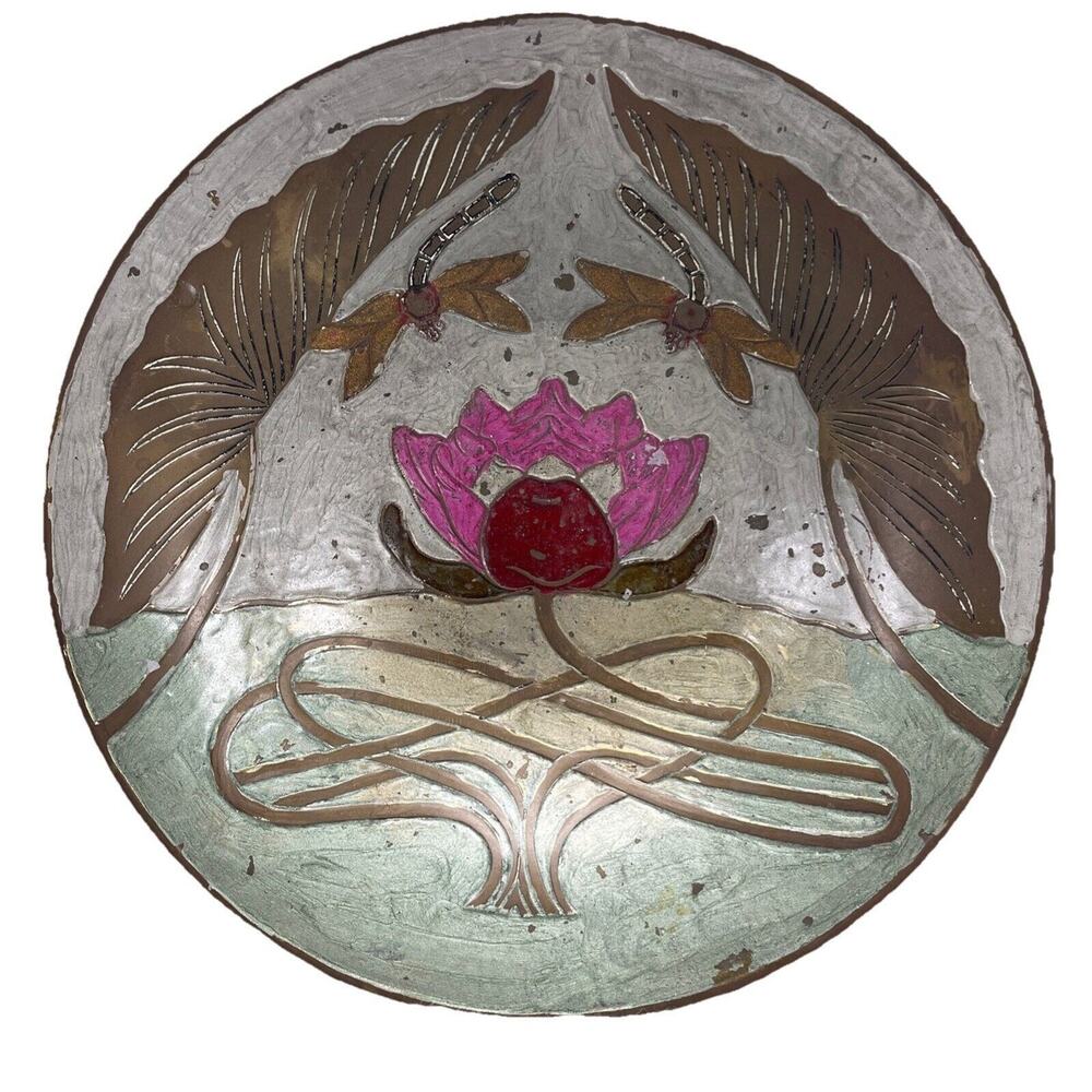 Vintage Enamel Brass Cloisonne Dragonfly Water Lily Pedestal Bowl 9.25" India